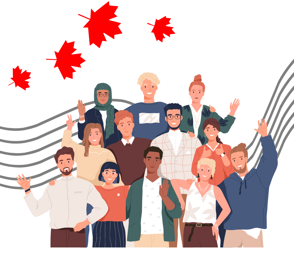 Cartoon drawing of a group of people smiling and raising their hands, with maple leaves flying in the background.