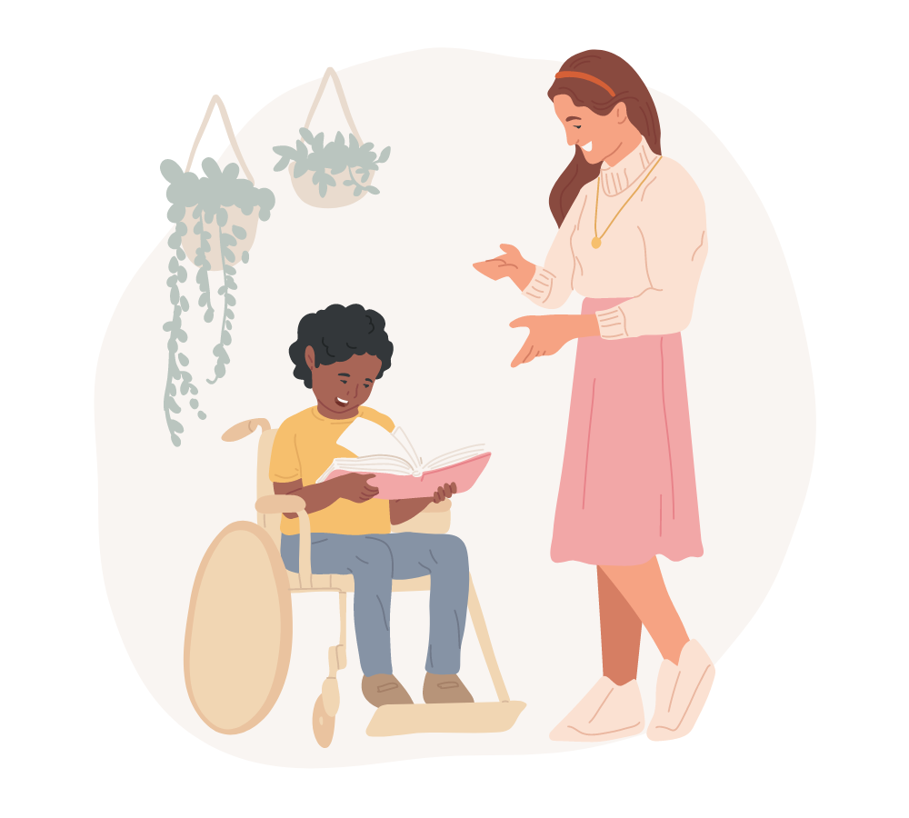 Cartoon drawing of a boy in a wheelchair reading a book, with a lady standing besides him and talking to him.