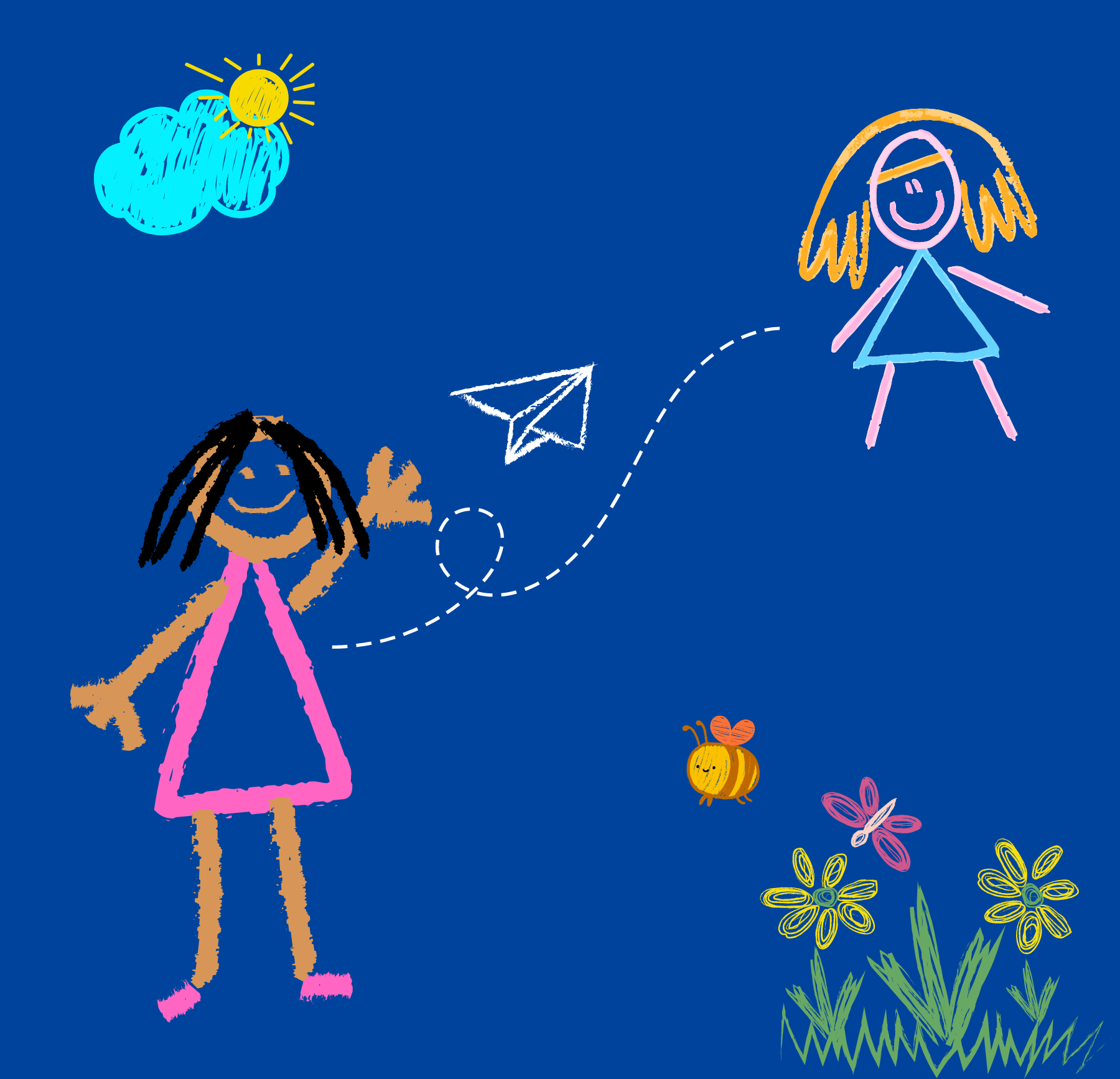 Cartoon drawing of a girl waving and smiling at another girl, with an airplane flying between them. The background has cartoon drawings of flowers, a bee, a butterfly, a cloud, and the sun.