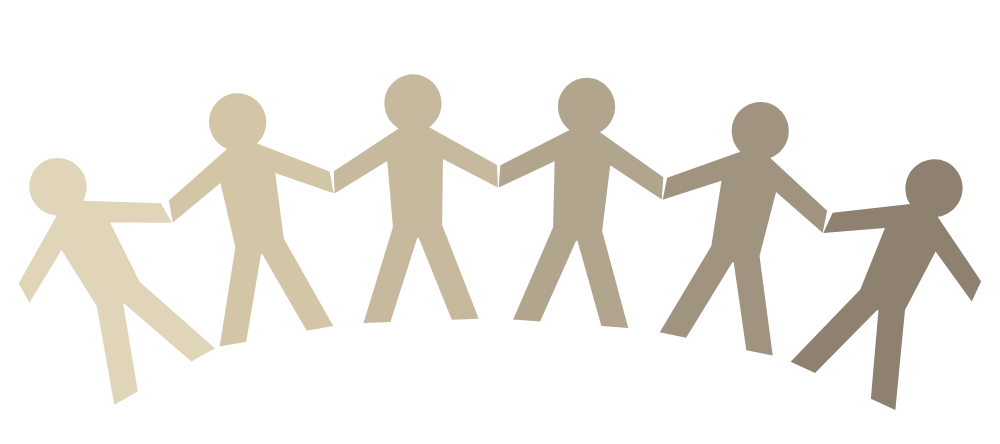 Paper cutout of people with different skin tones holding hands.