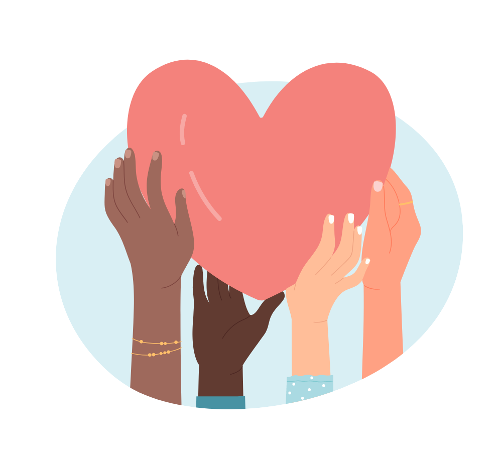 Drawing of people of different skin color holding up a heart together.