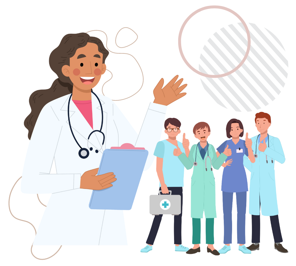 Cartoon drawing of a female doctor smiling and waving, and a group of healthcare professionals in their uniform smiling and giving a thumbs up.