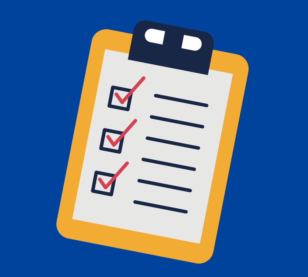 Cartoon drawing of a note pad with a checklist on it.