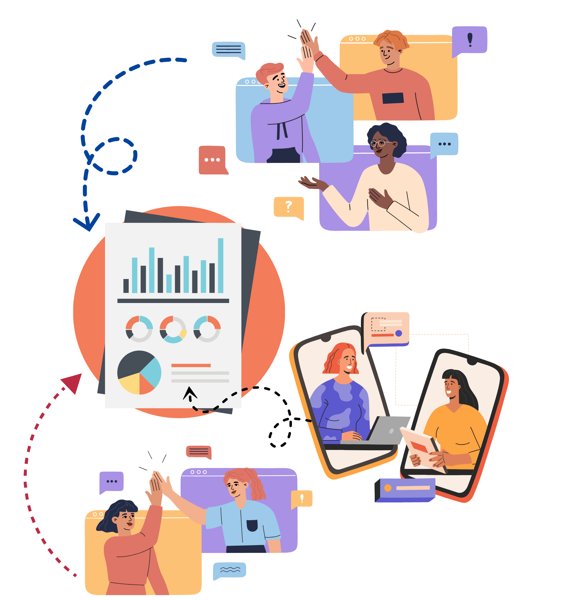 Graphics of people having virtual meetings, talking and highfiving each other. There are arrows starting from the conversations and going to the graphic of a report in the middle of the picture.