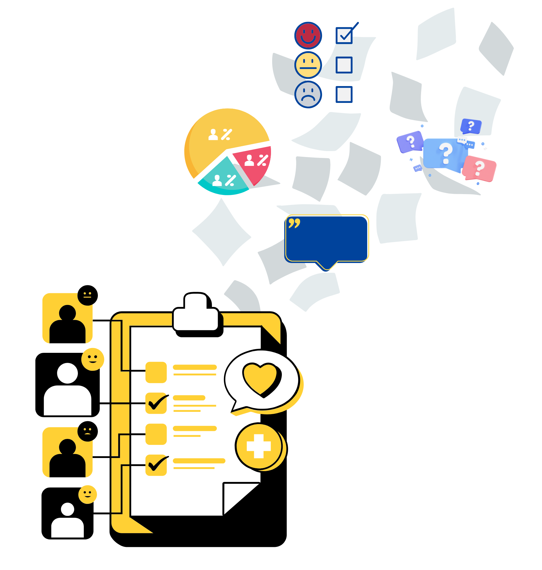 Graphic of papers falling down towards a notepad with a survey clipped to it. On the papers falling, there are icons of question marks, survey results and a conversation bubble.