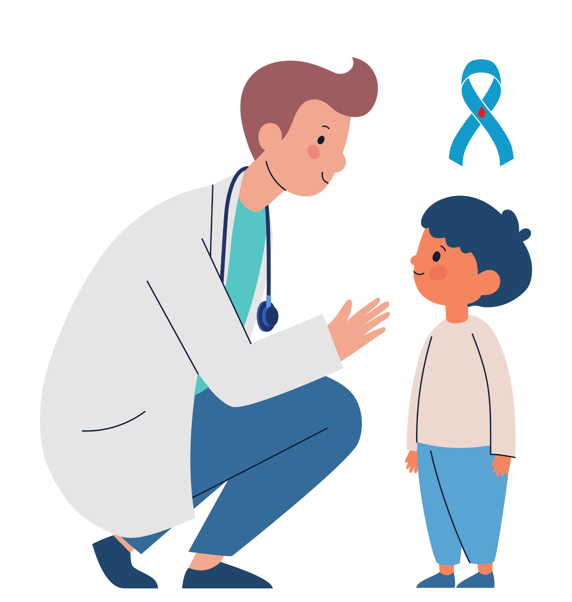 project-9-page Graphic of a doctor bending down and smiling at a child. There is a blue ribbon, representing diabetes awareness, at the top of the child.