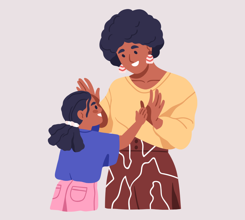 A woman high-fiving her daughter and both are smiling.