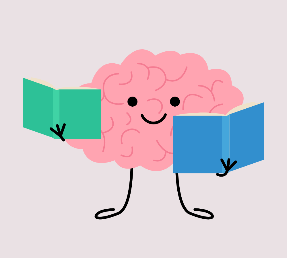 A cartoon drawing of a smiling brain holding up two books.