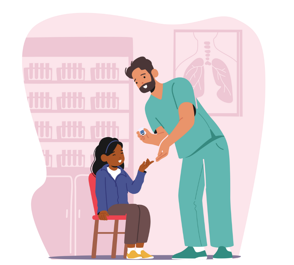 pilot-screening-program Cartoon drawing of a male nurse doing a finger prick blood test on a girl.
