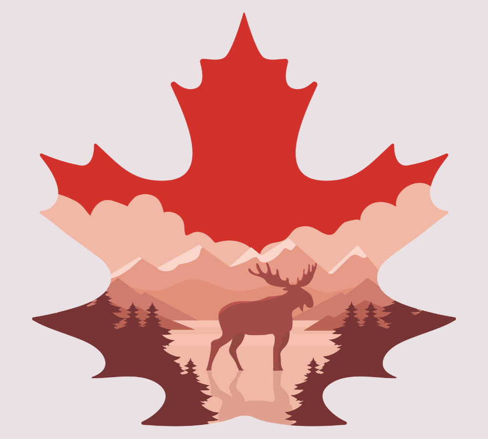 indigenous-research-t1d Graphic of a maple leaf outline with a moose standing in a lake in the forest inside the leaf.