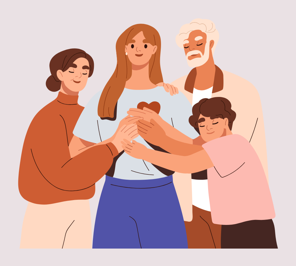 core-outcome-set Cartoon drawing of a woman in the middle and her family surrounding her and holding on to her heart.