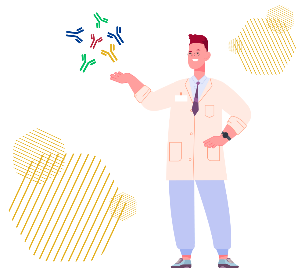 canadian-clinical-autoantibody-lab Cartoon scientist showing antibodies.