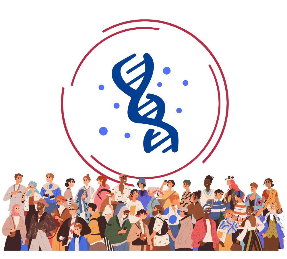 canadian-t1d-genetic-data-repository Cartoon people walking and smiling with an encircled image of a DNA at the top.