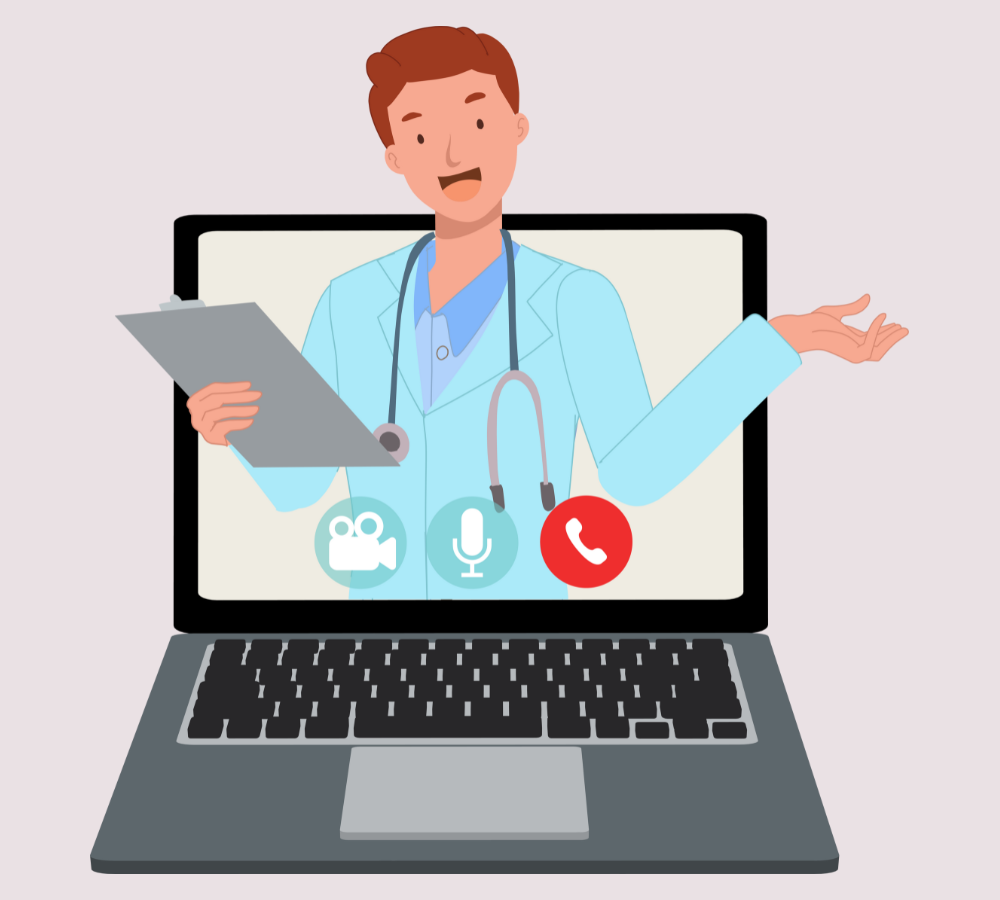 integrated-network-for-clinical-follow-up Cartoon scientist talking during a video call taken on a laptop.