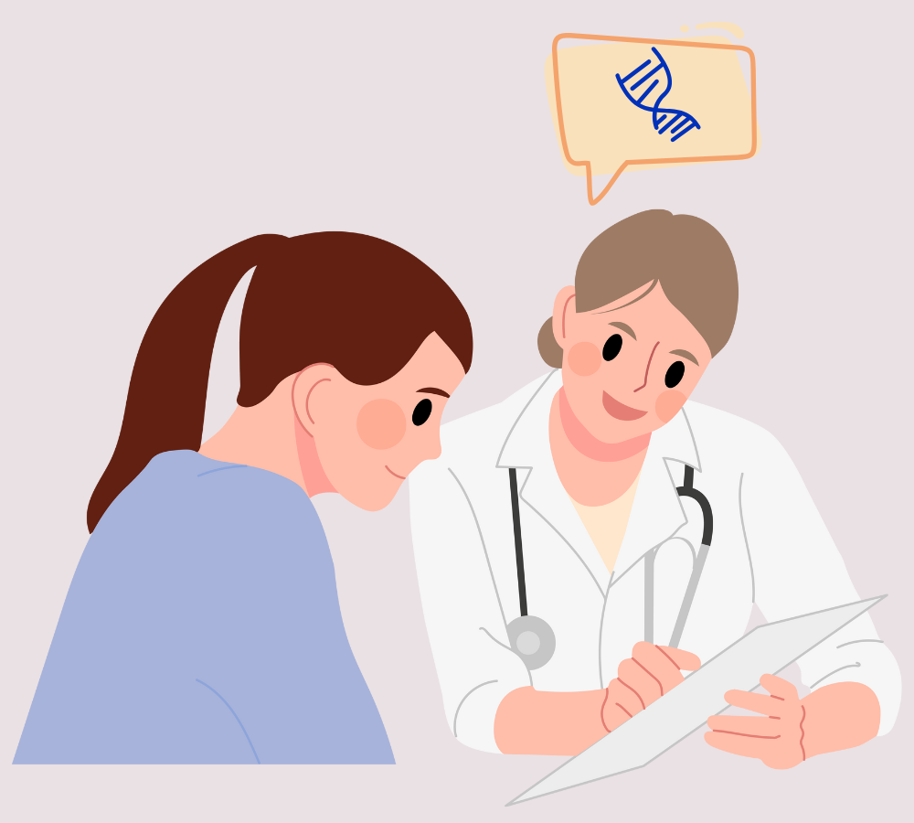 genetic-counseling Cartoon drawing of a female doctor talking to a female patient, with a chat bubble showing a DNA on top of the doctor.