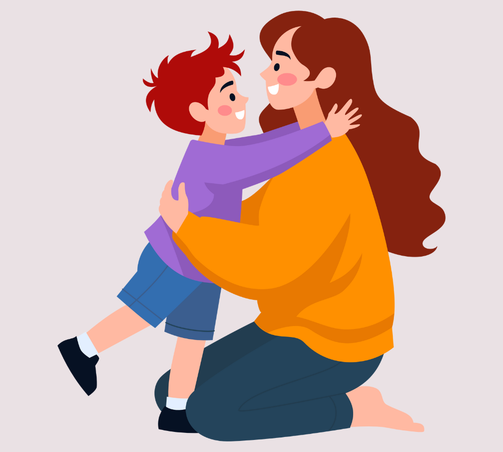 metabolic-monitoring Cartoon drawing of a mother on her knees holding her son in her arms and the son holding her back.