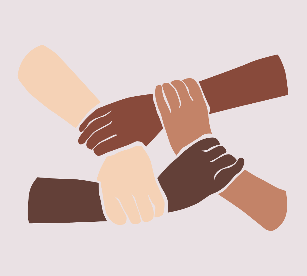 Graphic of four people of different skin colors holding the arms of each other.
