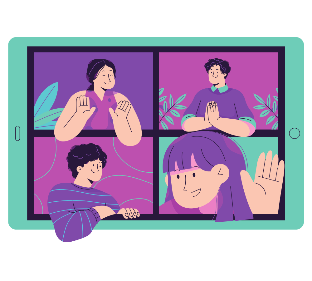 project-1-virtual-meeting-article Graphic of a tablet with people in separate windows inside talking to each other.