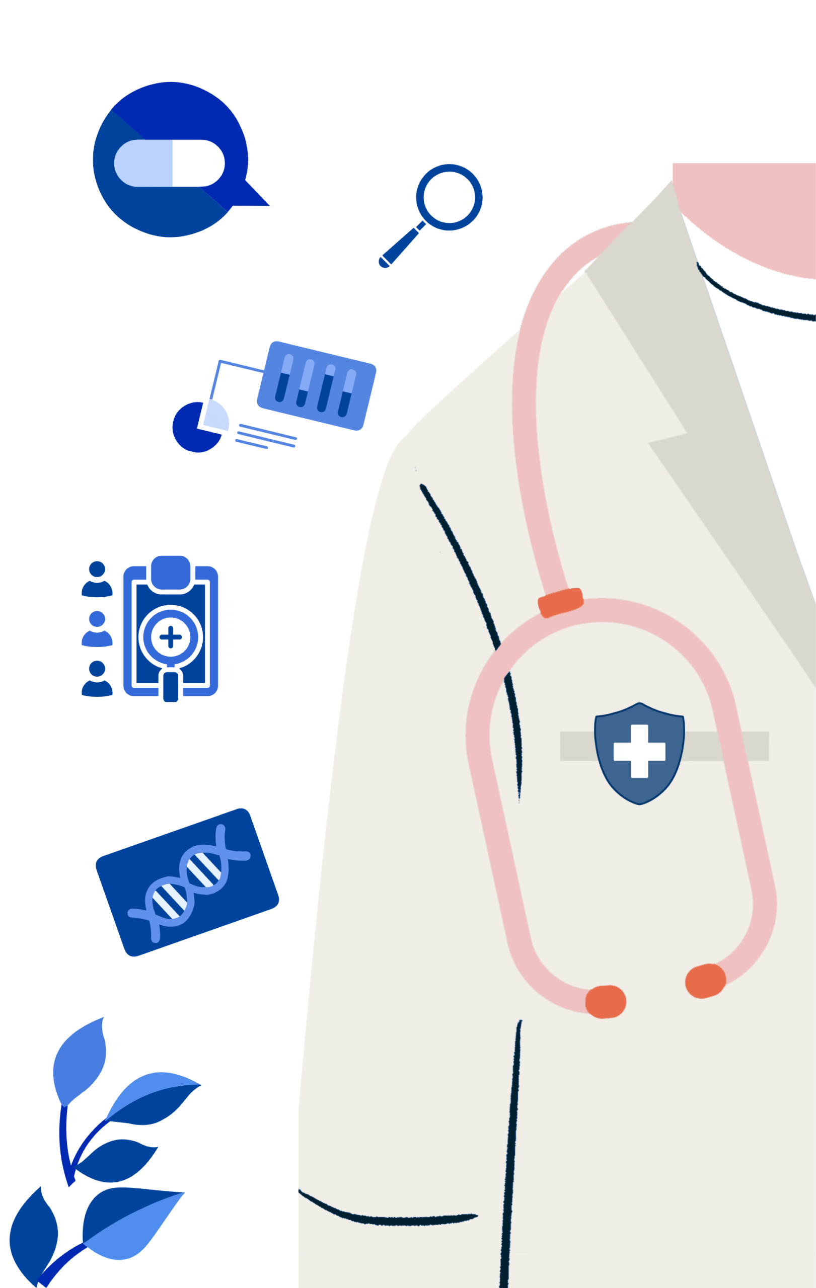 join-our-clinical-network Graph of the side of the body of a healthcare professional with medical and research icons around them.
