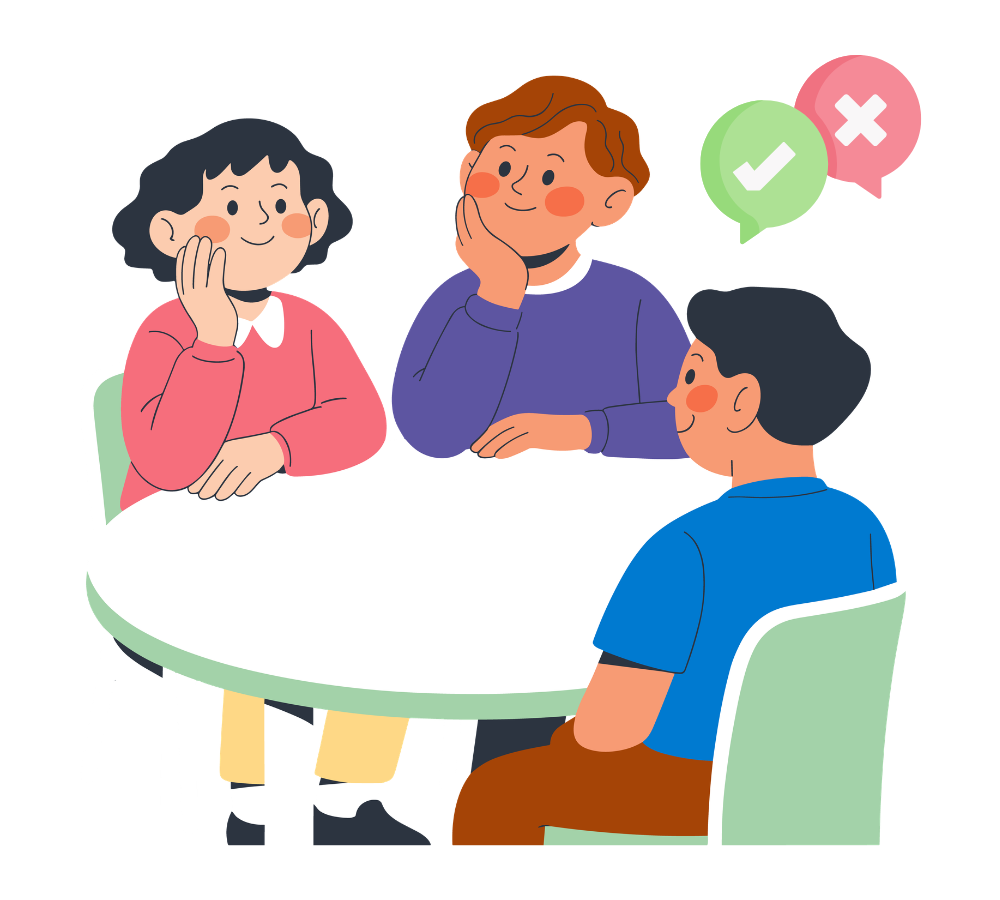 decision-aid Cartoon graphic of parents sitting at a table with their son to decide on something.