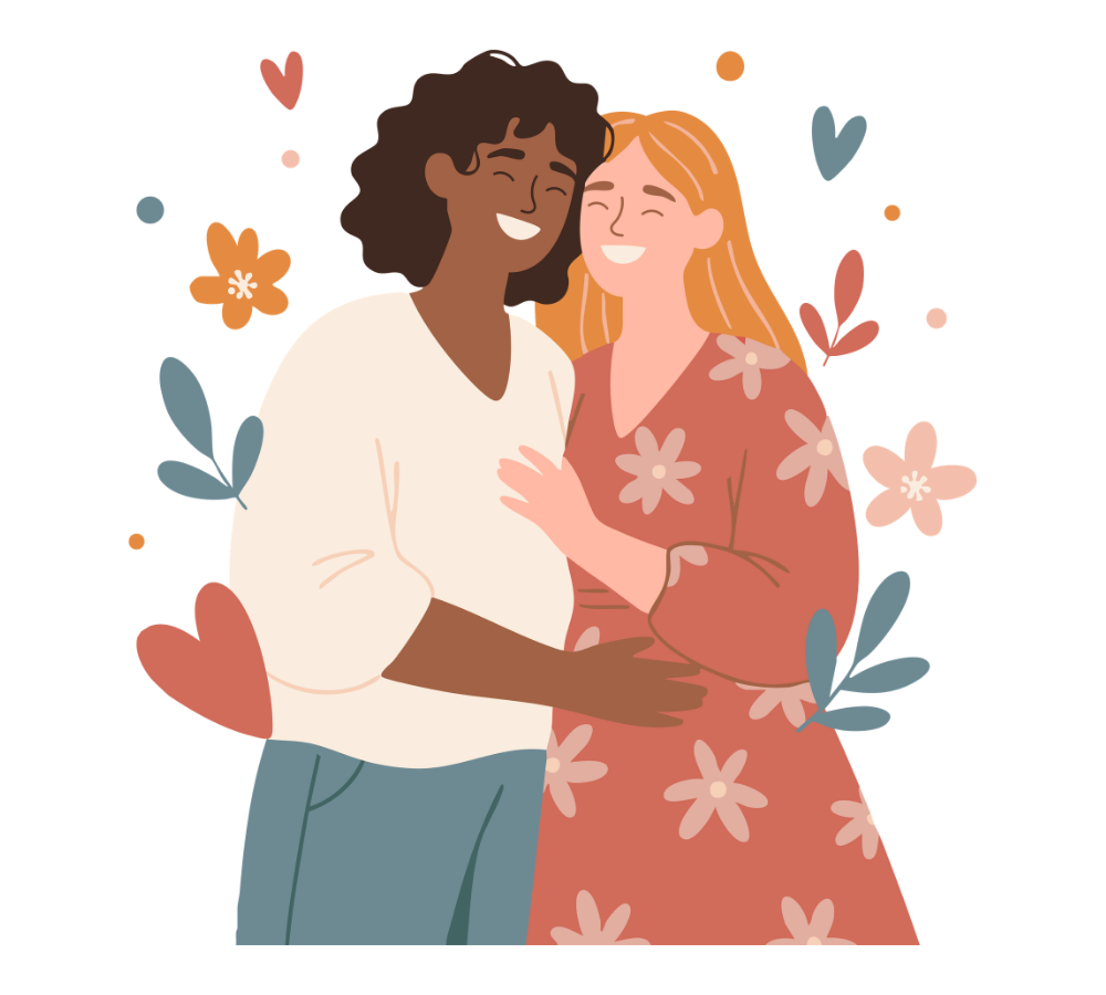 Cartoon graphic of two women hugging and smiling.