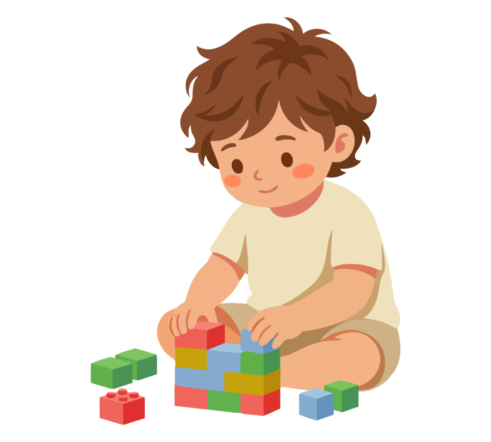 Cartoon graphic of a male child sitting down and playing with legos.