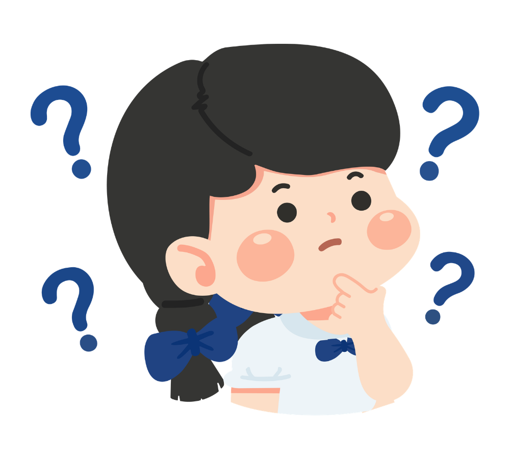 Cartoon graphic of a pensive female child looking up with question marks around her.